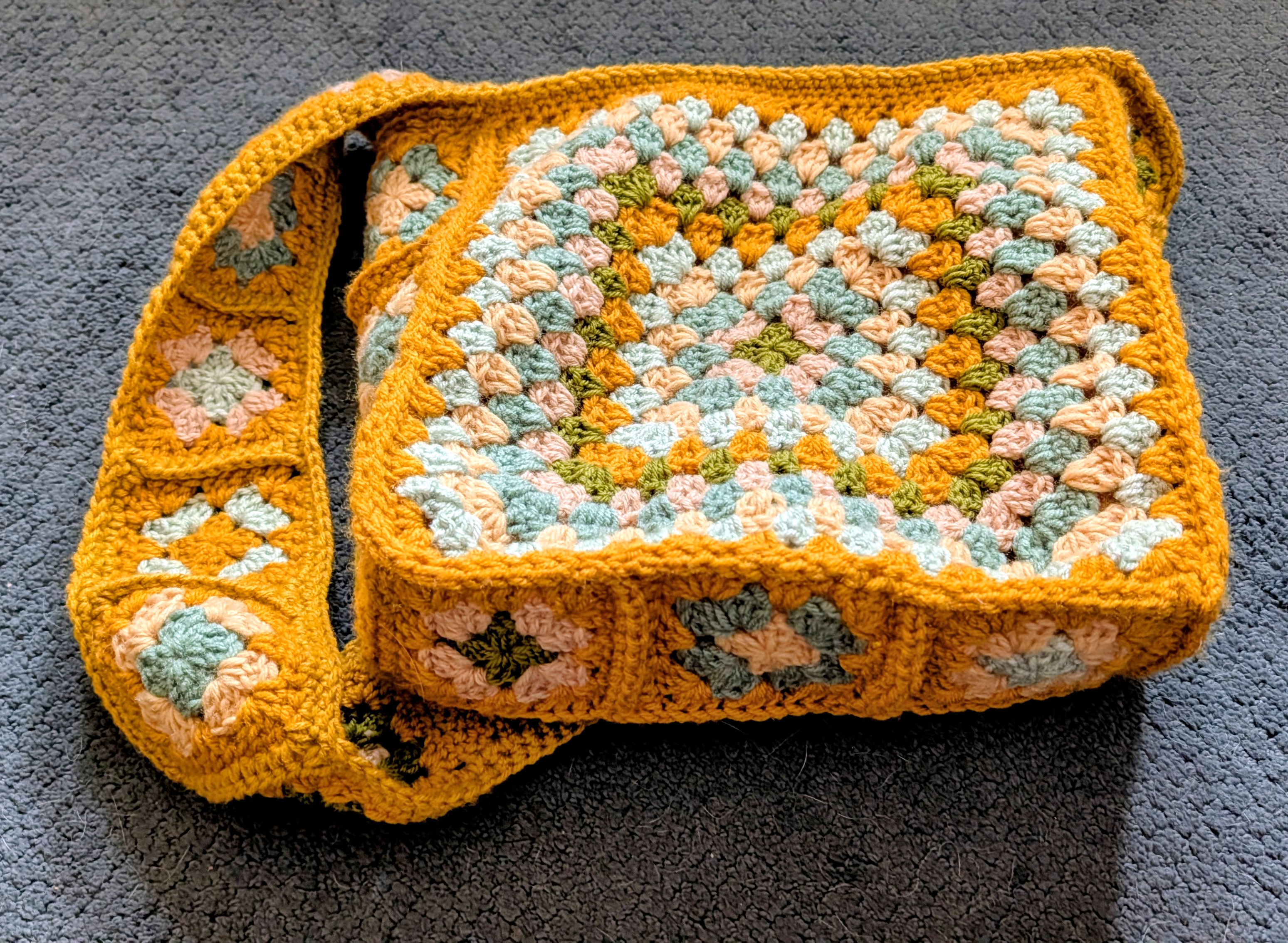 Handmade Granny Square Crochet Bag with Upcycled Fabric Lining (Green & Gold Inspiration)
